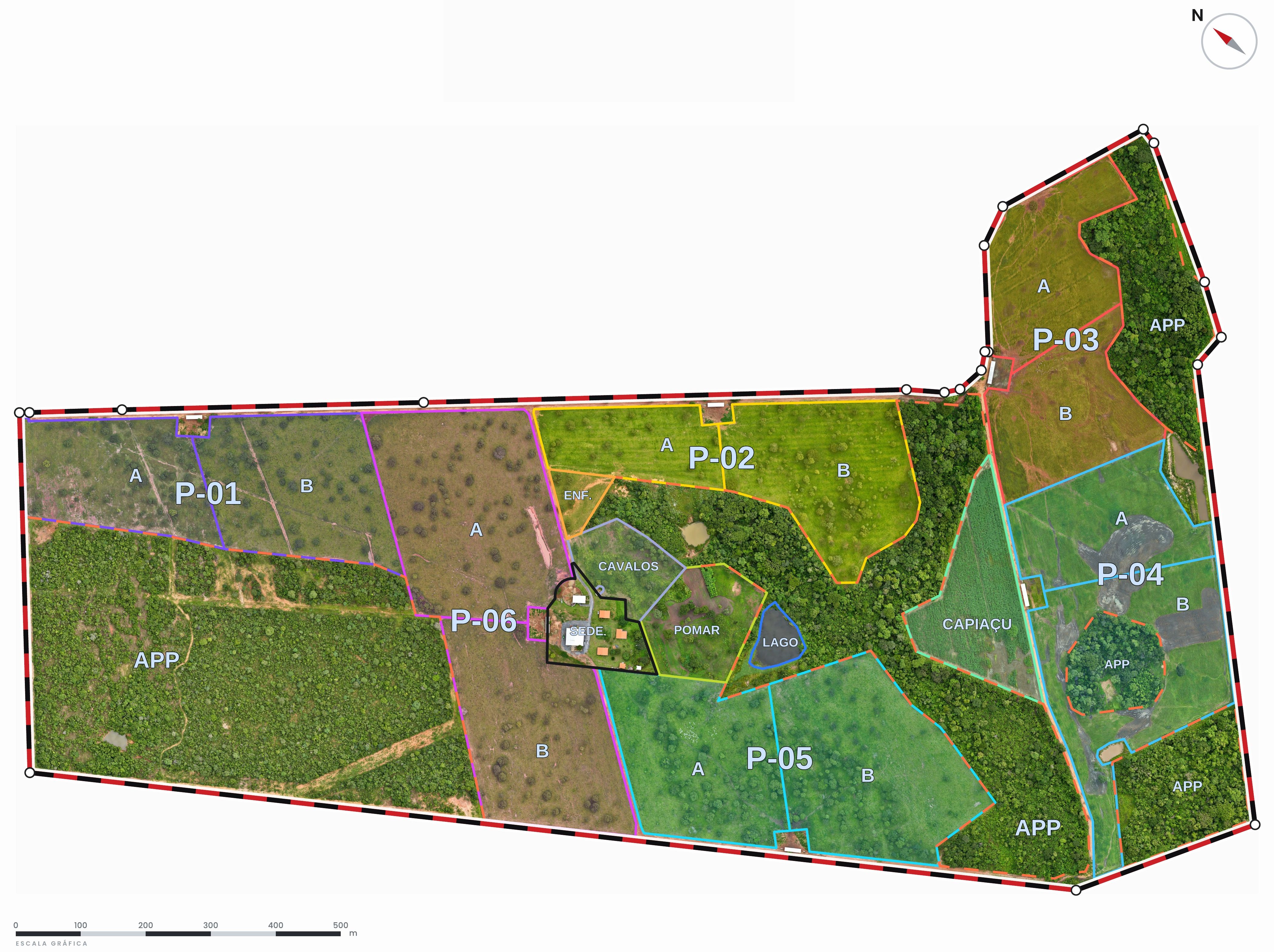 Mapa da área de uma fazenda real: praças P-01 a P-06, APP, sede, lago, pomar e apoios demarcados sobre o ortomosaico